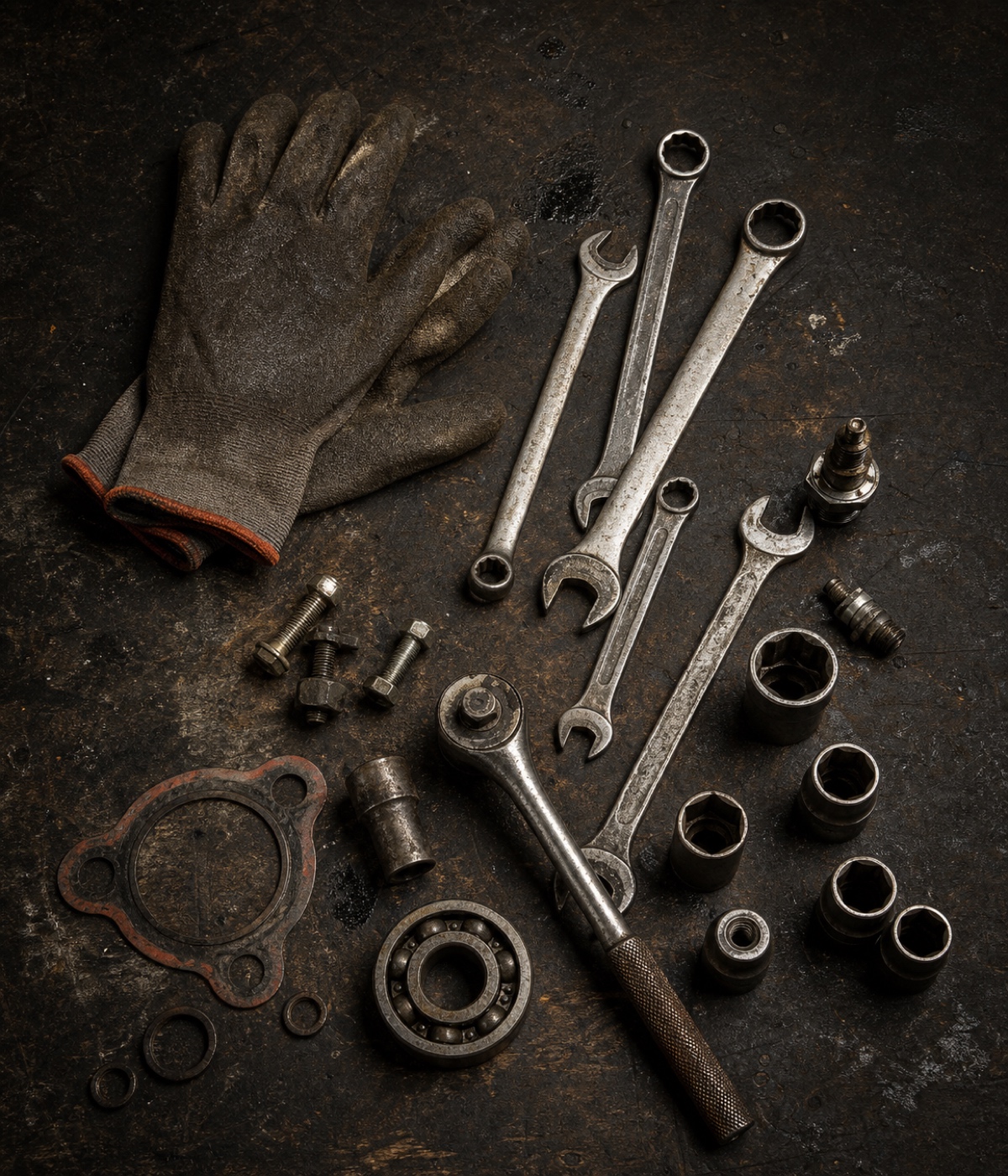 Workshop tools arranged on a mechanic's bench.
