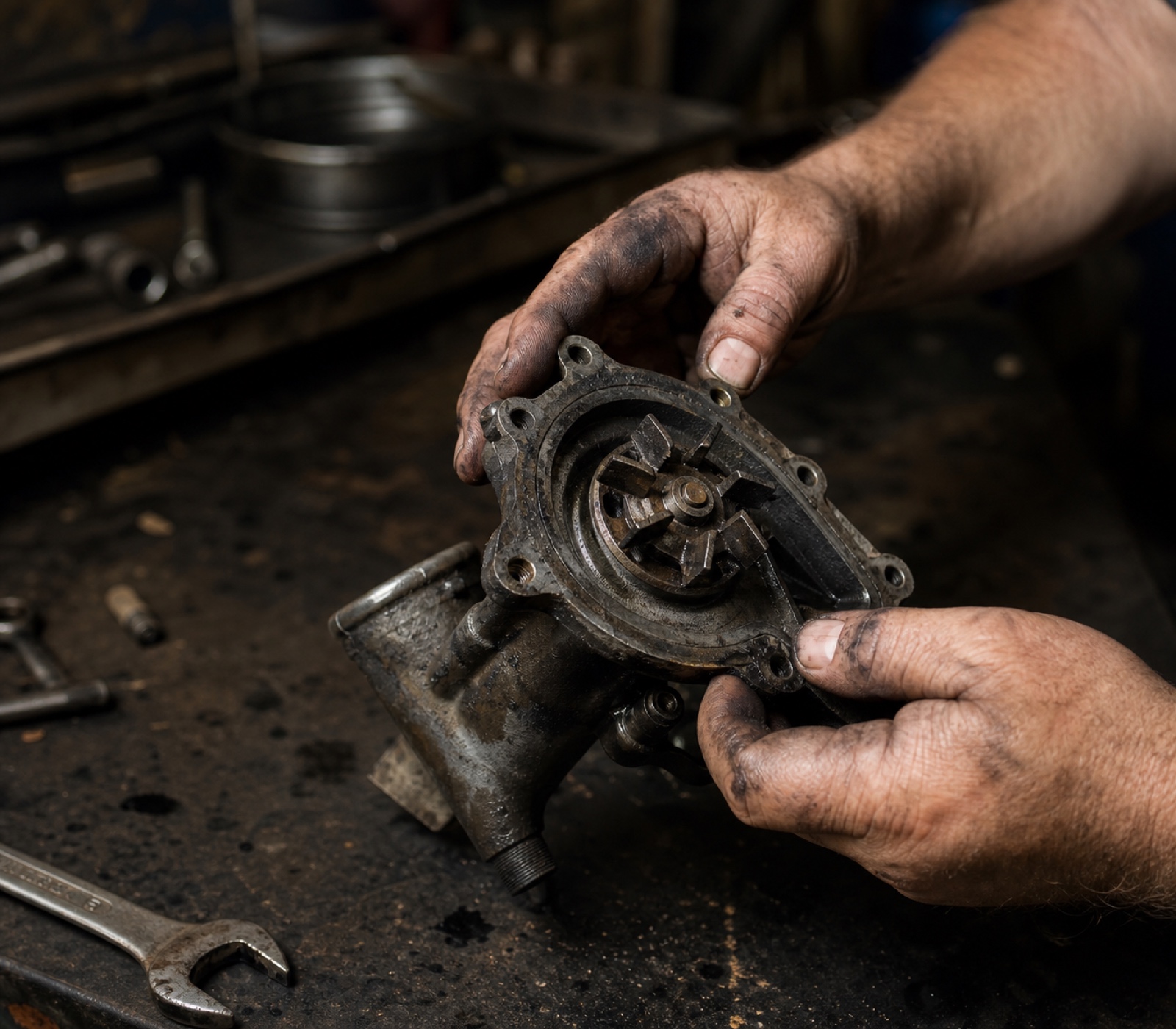 A mechanic inspecting an automotive component at a workshop bench.