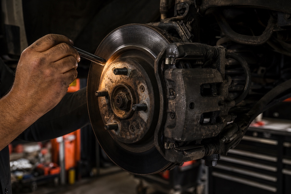 A mechanic inspecting a brake rotor and caliper assembly.